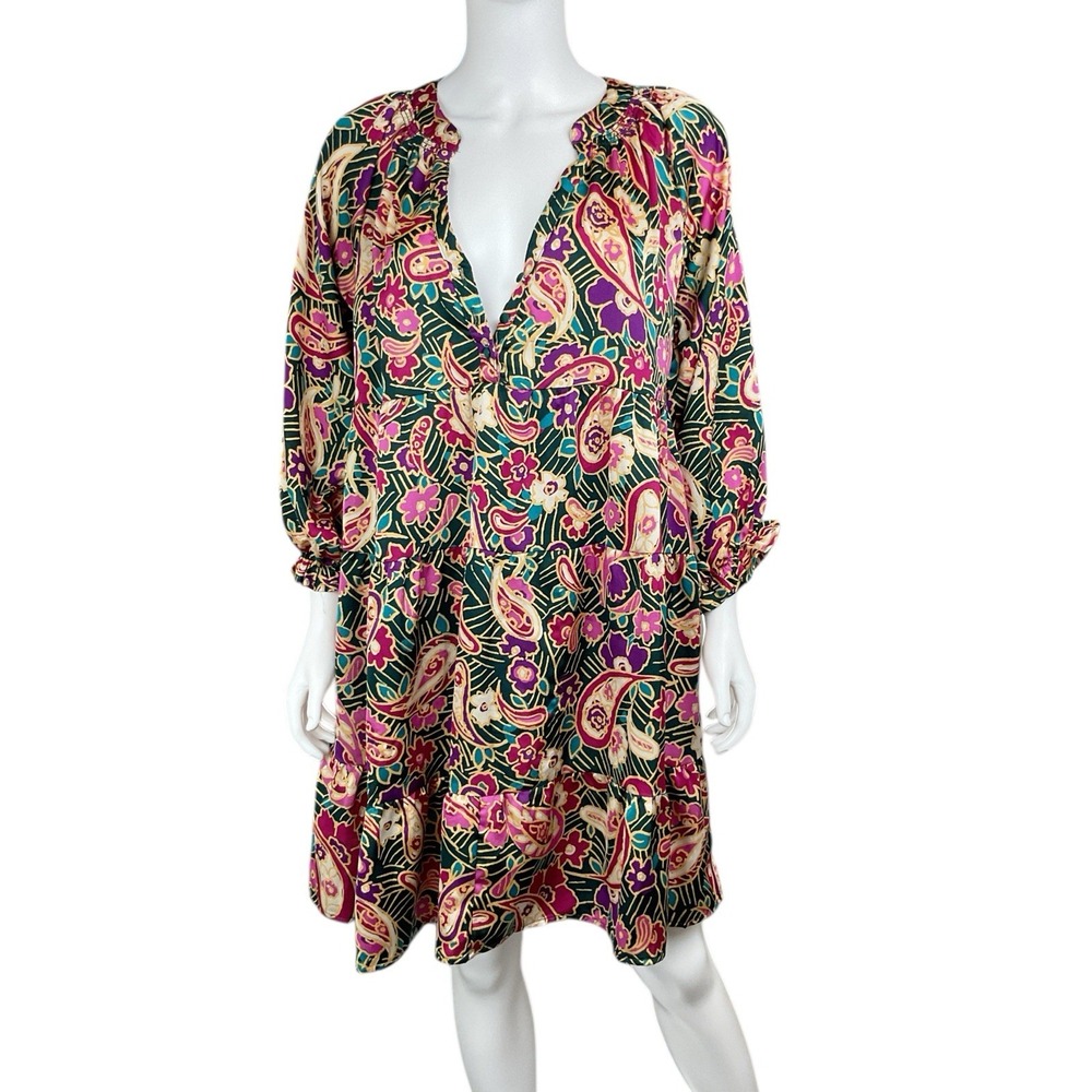 Umgee‎ Floral Satin Print V- Notch Peasant  Dress  Boho Pockets 3/4 Sleeve Small